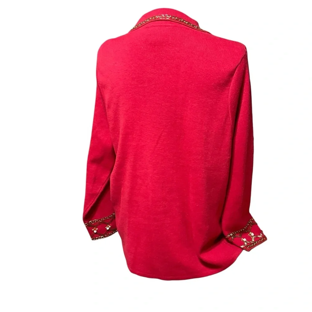 Carol Patterson Knits Women’s Embellished Linen Blend Red. Vintage Cardigan. MED
